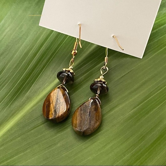 Tigers Eye With Crystal Dangle Retro Earrings - Picture 3 of 4